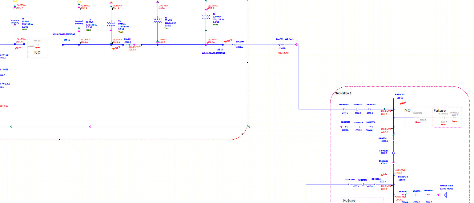 Diagrama unifilar de un estudio de flujo de carga en ETAP, con transformadores de 138/13,8 kV, barras y flujos de potencia anotados