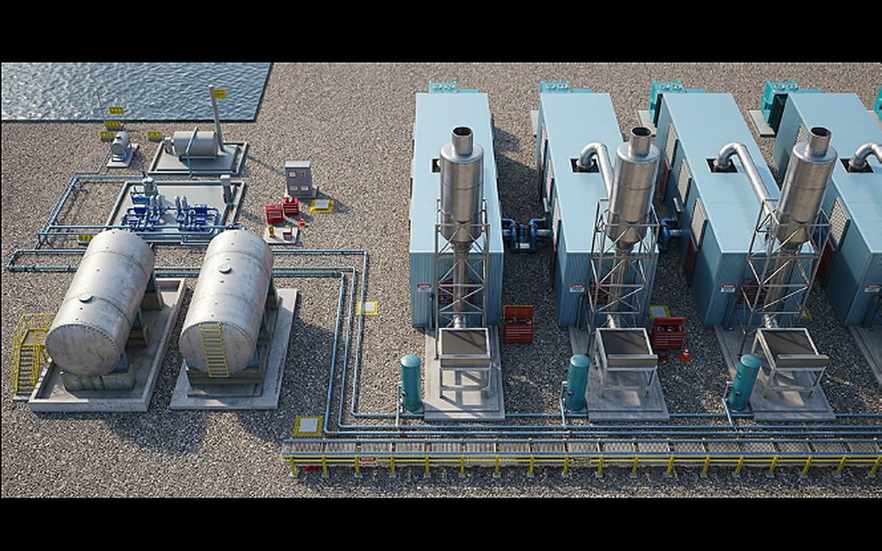 Modelo tridimensional de la planta de motogeneradores duales de 21 MW, con tanques de combustible, chimeneas de escape y rack de tuberías
