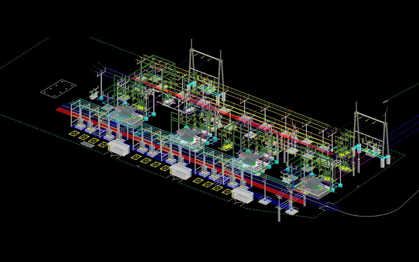 Modelo tridimensional de una subestación en CAD: pórticos, barras, transformadores, canalizaciones y el arreglo general de patio