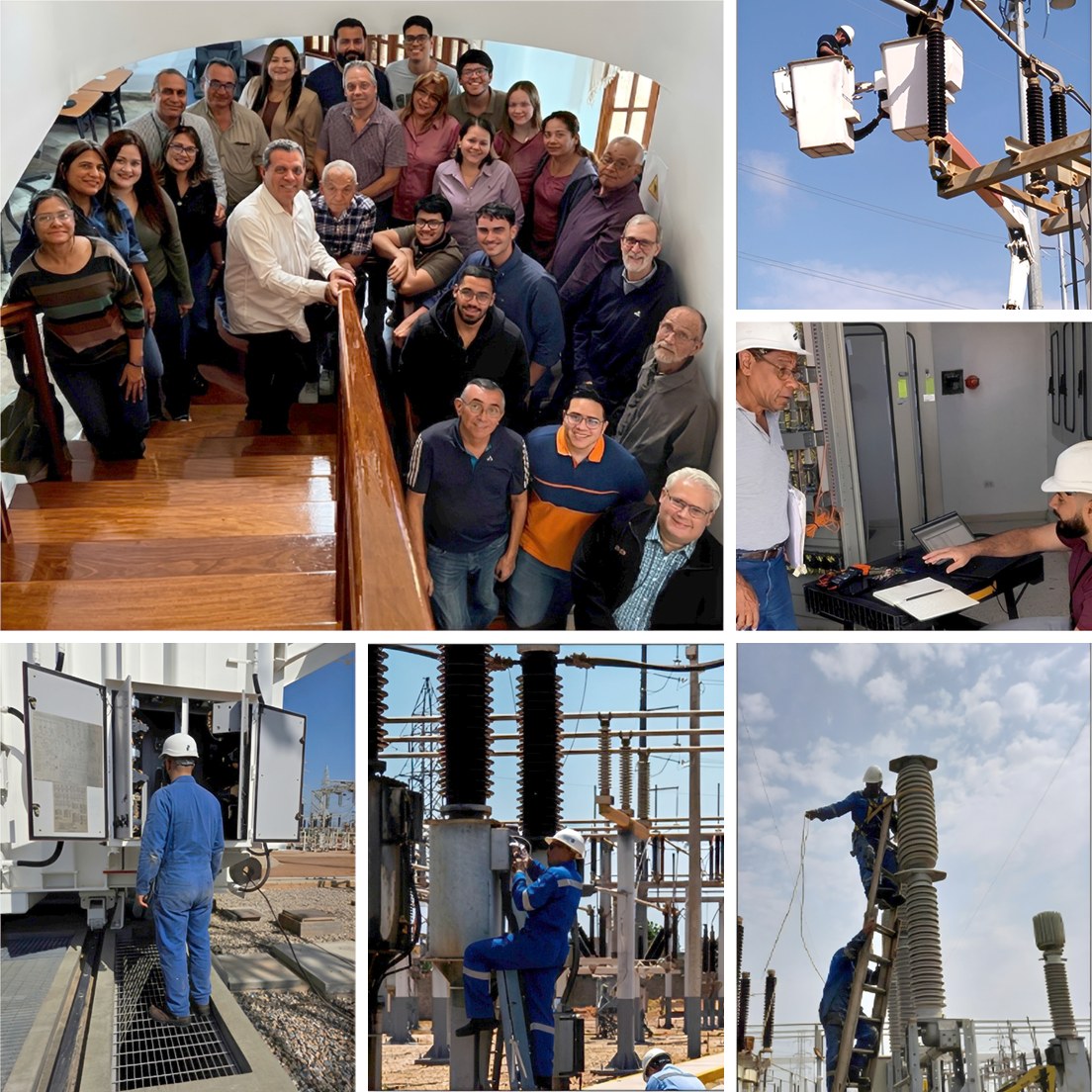 Fotografías del equipo de Grupo ICIS: reunión en oficina y personal técnico trabajando en subestaciones, transformadores y líneas