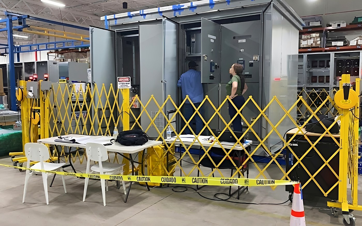 Pruebas de aceptación en fábrica sobre tableros eléctricos, con personal técnico y barreras de seguridad en el taller del fabricante